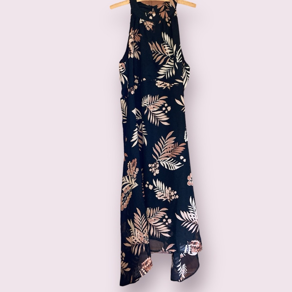 Estelle Halter Dress - Black w/ Floral & Leaf Print - Sleeveless - Maxi